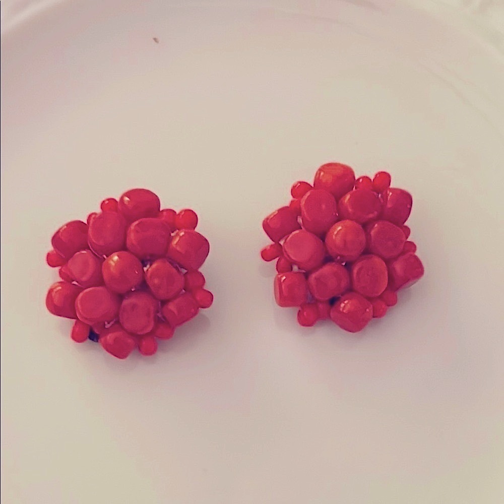 Tomato Red Beaded Cluster Earrings Clip On Tomato Red True Red Nickel Sized
